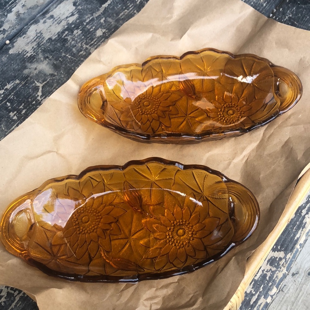 Vintage amber floral glass trays